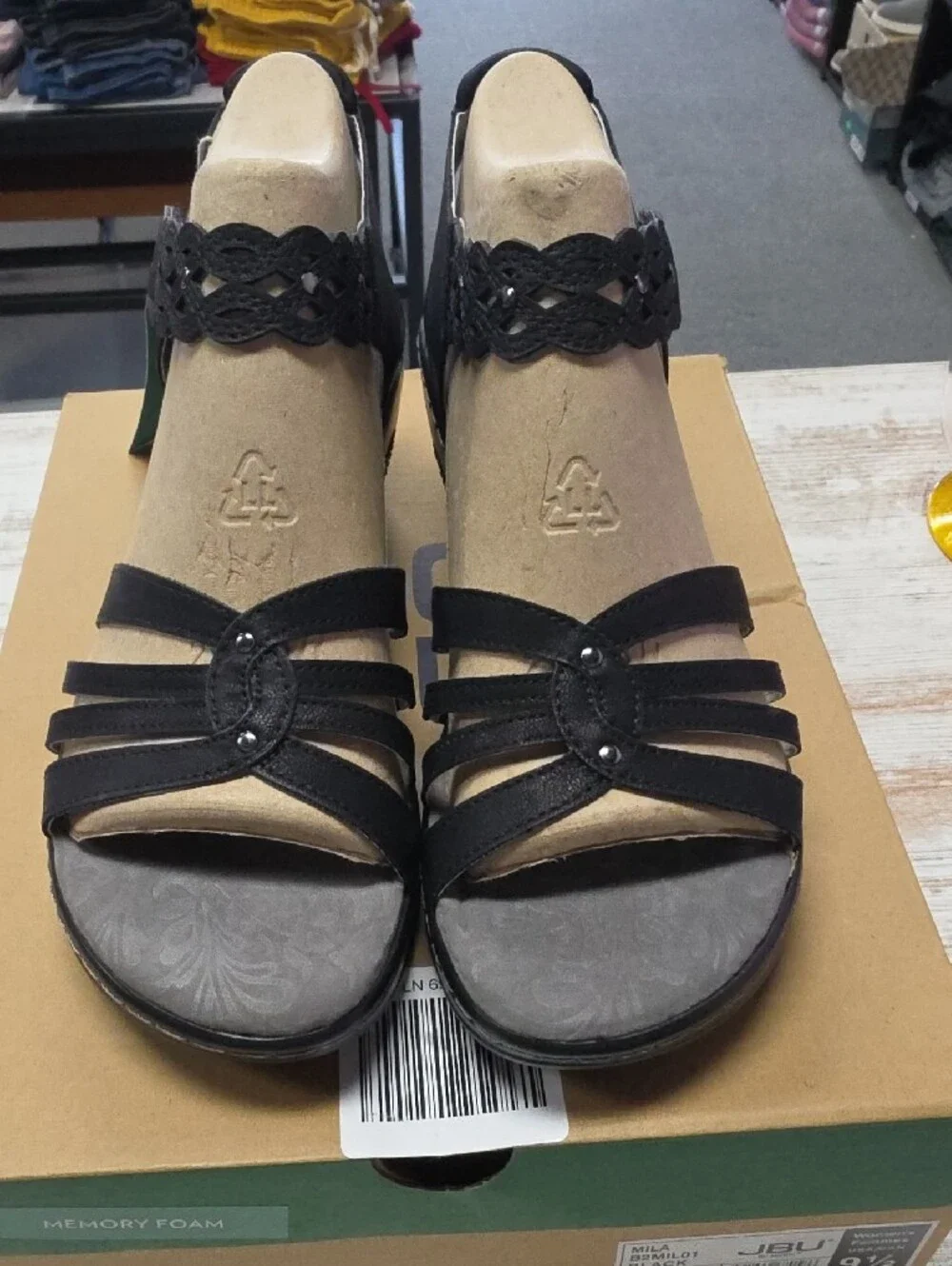 JBU Black Strappy Wedge Sandals with Decorative Ankle Band | 9 1/2